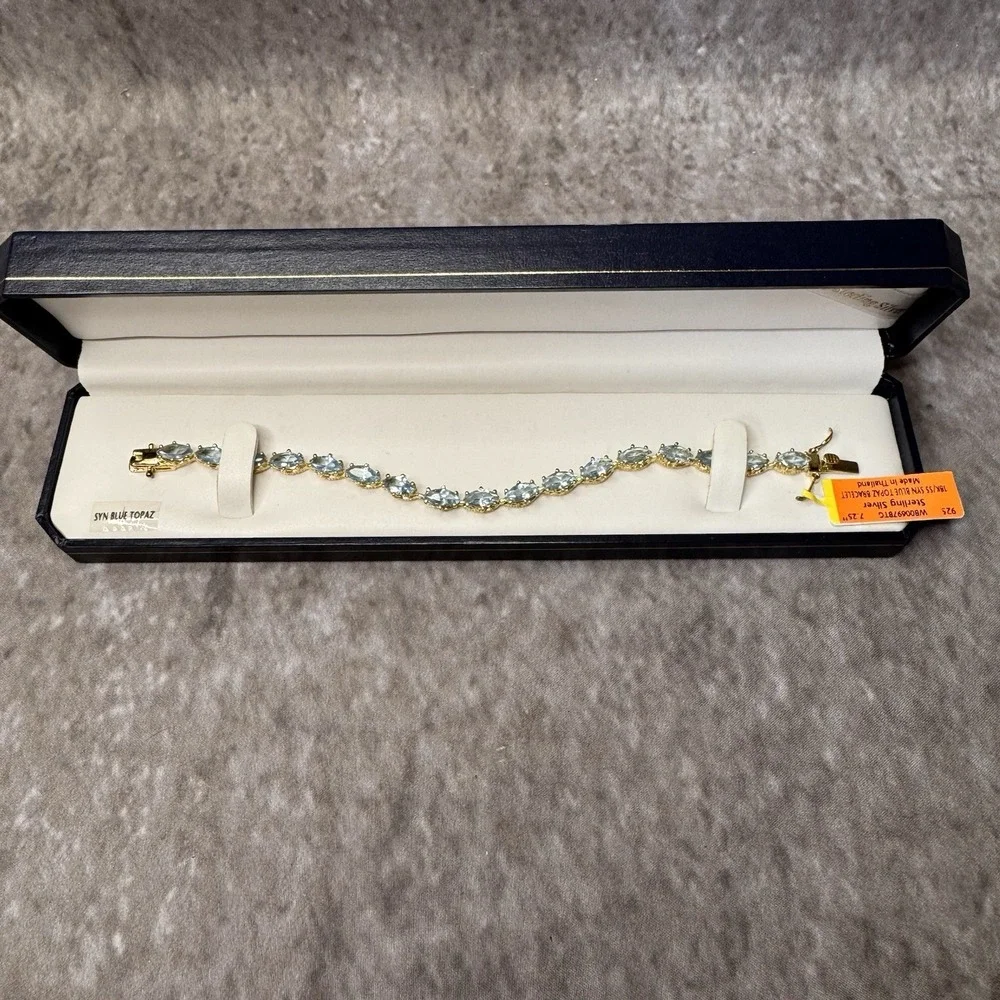 Vintage 18K Gold Vermeil 925 Sterling Silver Blue Topaz Tennis Bracelet 7.25
